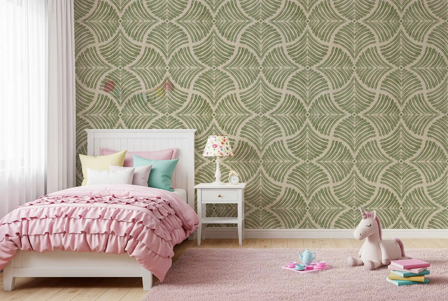 A restful Kids bedroom built on Muted Green Scallops Fan wallpaper tones.