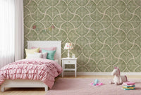 A restful Kids bedroom built on Muted Green Scallops Fan wallpaper tones.