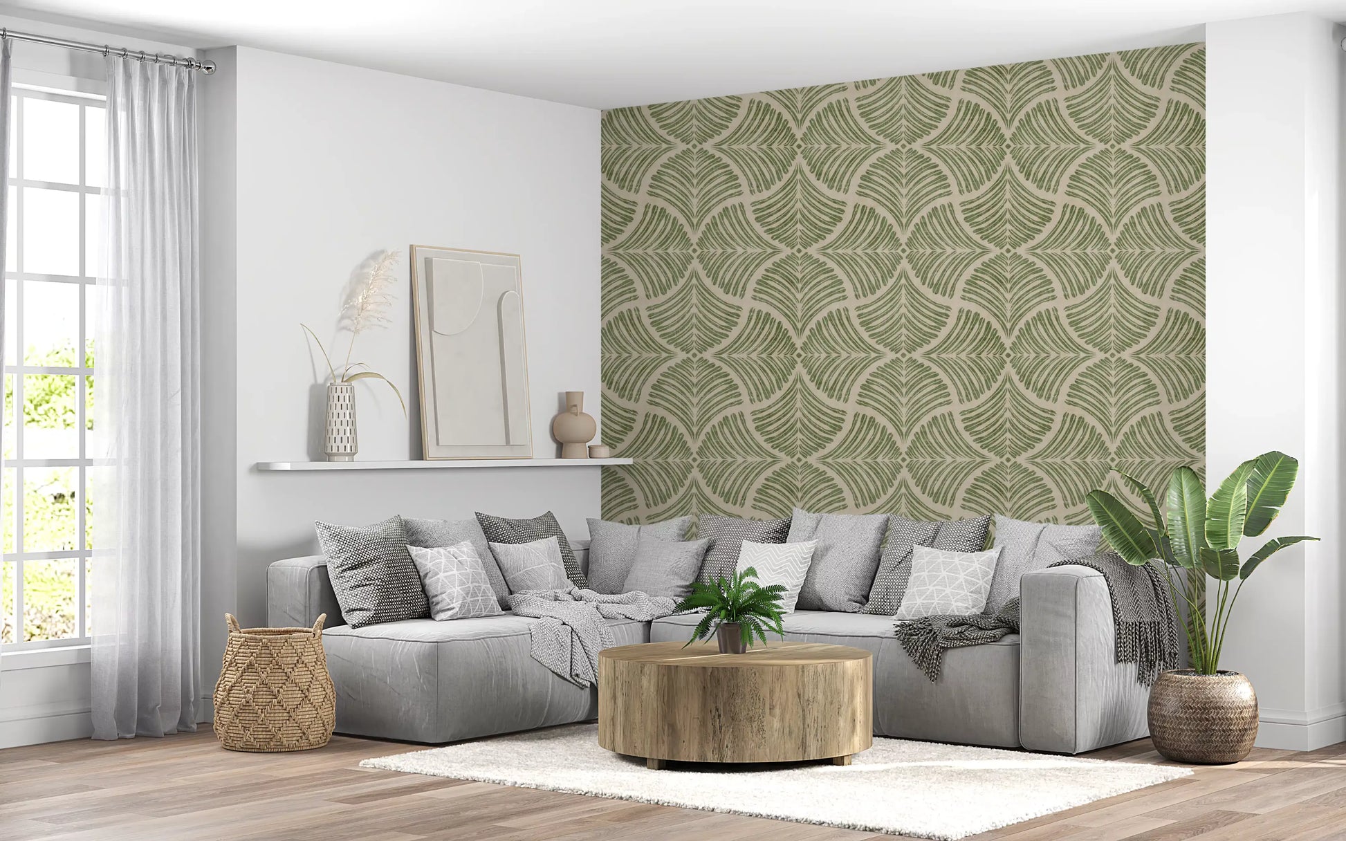 Minimalist lounge mood shaped around the Muted Green Scallops Fan wallpaper.