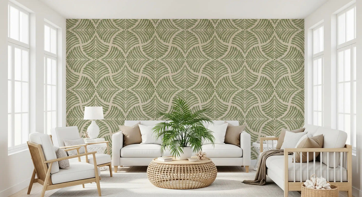 Quiet Japandi mood runs through a sitting room with Scallops Fan wallpaper.