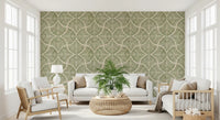 Quiet Japandi mood runs through a sitting room with Scallops Fan wallpaper.