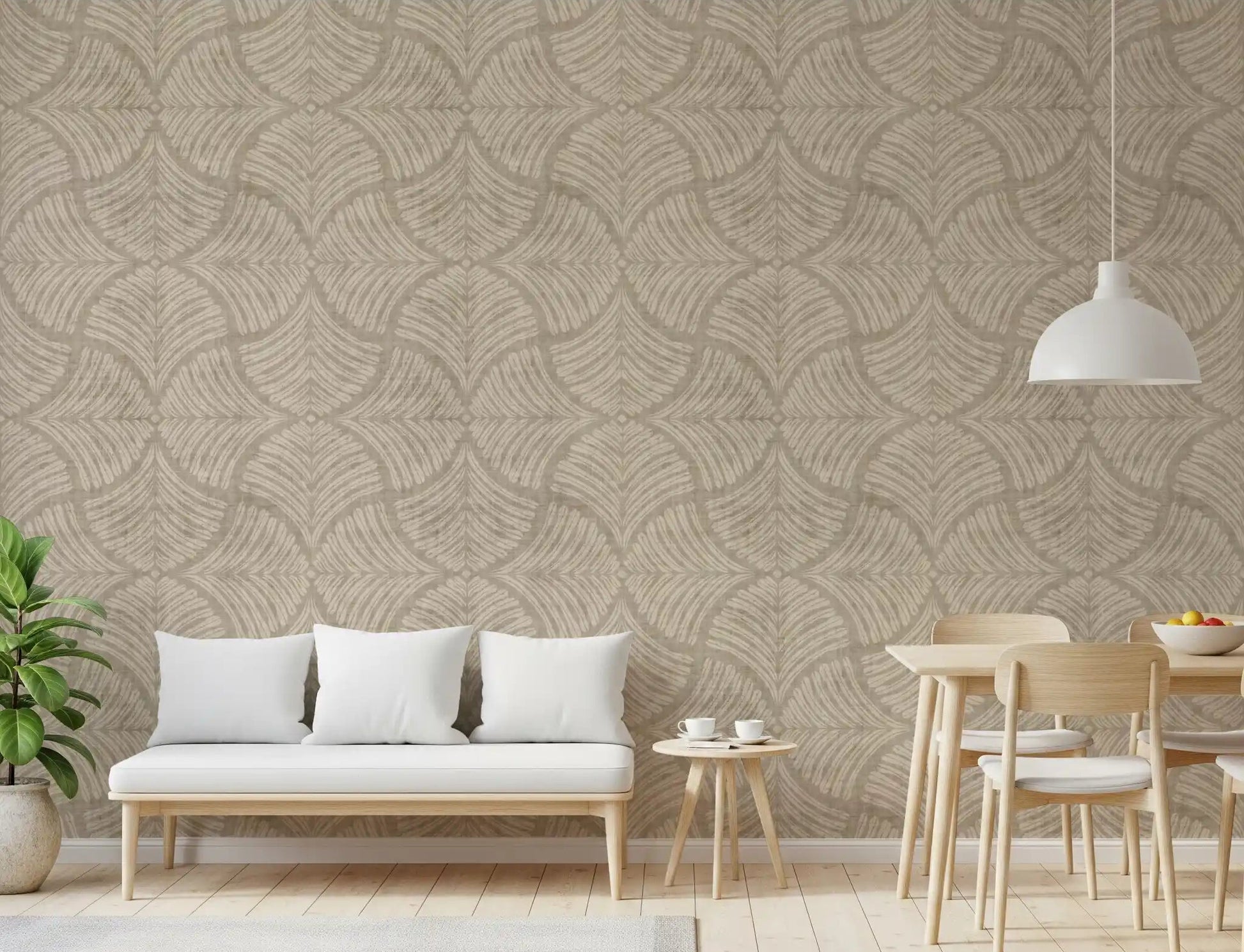 Mirrored fan pattern wraps a Dining room in Sand Beige Scallops Fan wallpaper.