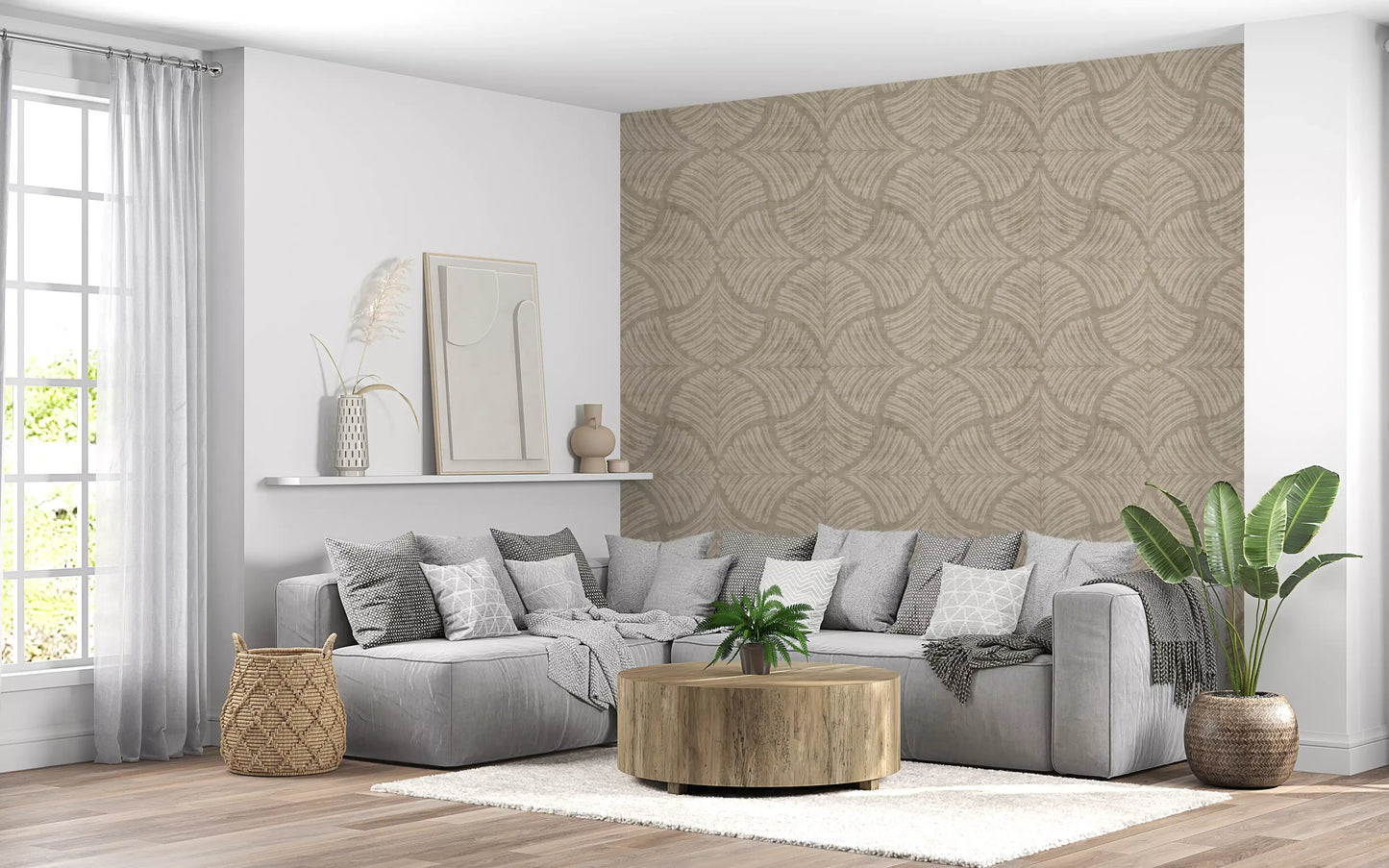 Feathered fans mirror outward in the Sand Beige Textured Scallops Fan wallpaper.