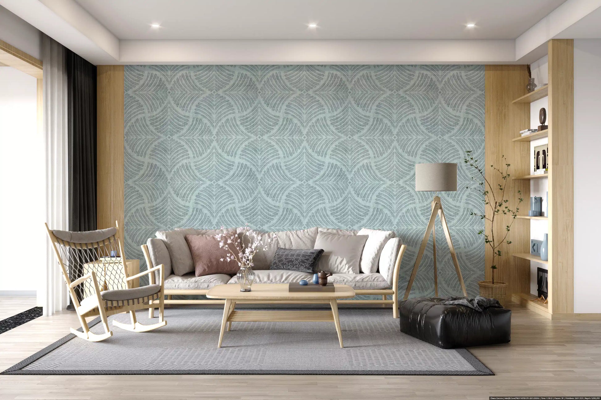 Japandi calm fills the living room with muted blue scallop fan wallpaper