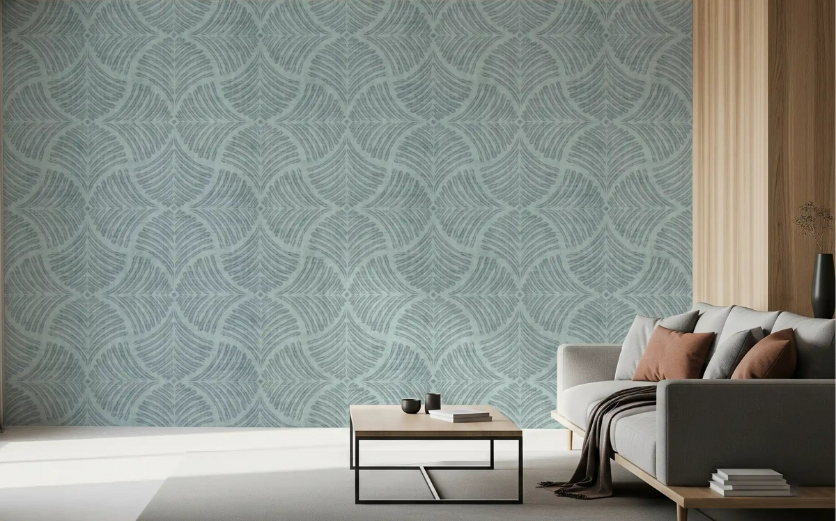 A feathered fan pattern gives this living room a calm, minimalist wallpaper backdrop