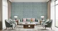 Feathered blue fan scallop wallpaper with a textured, linen-like ground