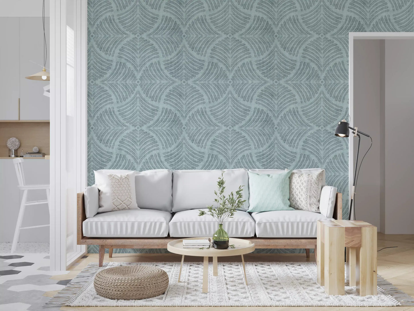 Curved fan shapes meet point to point on this Japandi scallop wallpaper

