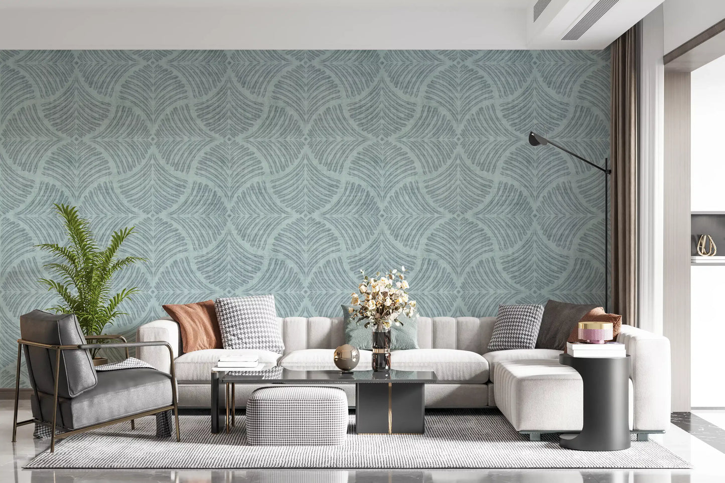Muted blue fans curve over the living room in textured Japandi wallpaper