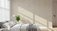Restful bedroom set against a warm cream Japandi scallop wallpaper backdrop.