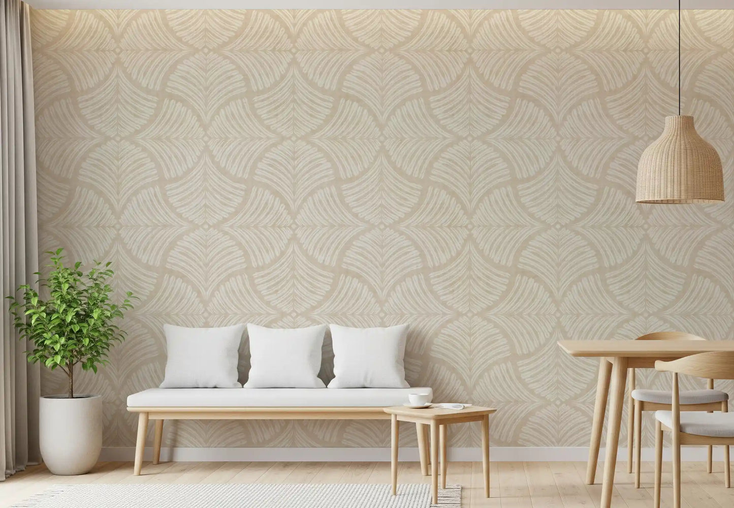 Loose fan shapes spread over a flecked cream wallpaper ground.