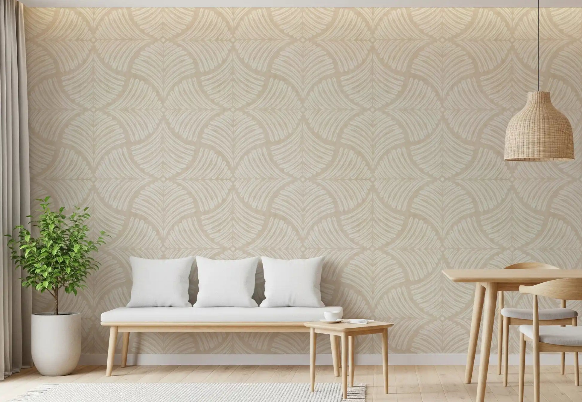 Loose fan shapes spread over a flecked cream wallpaper ground.