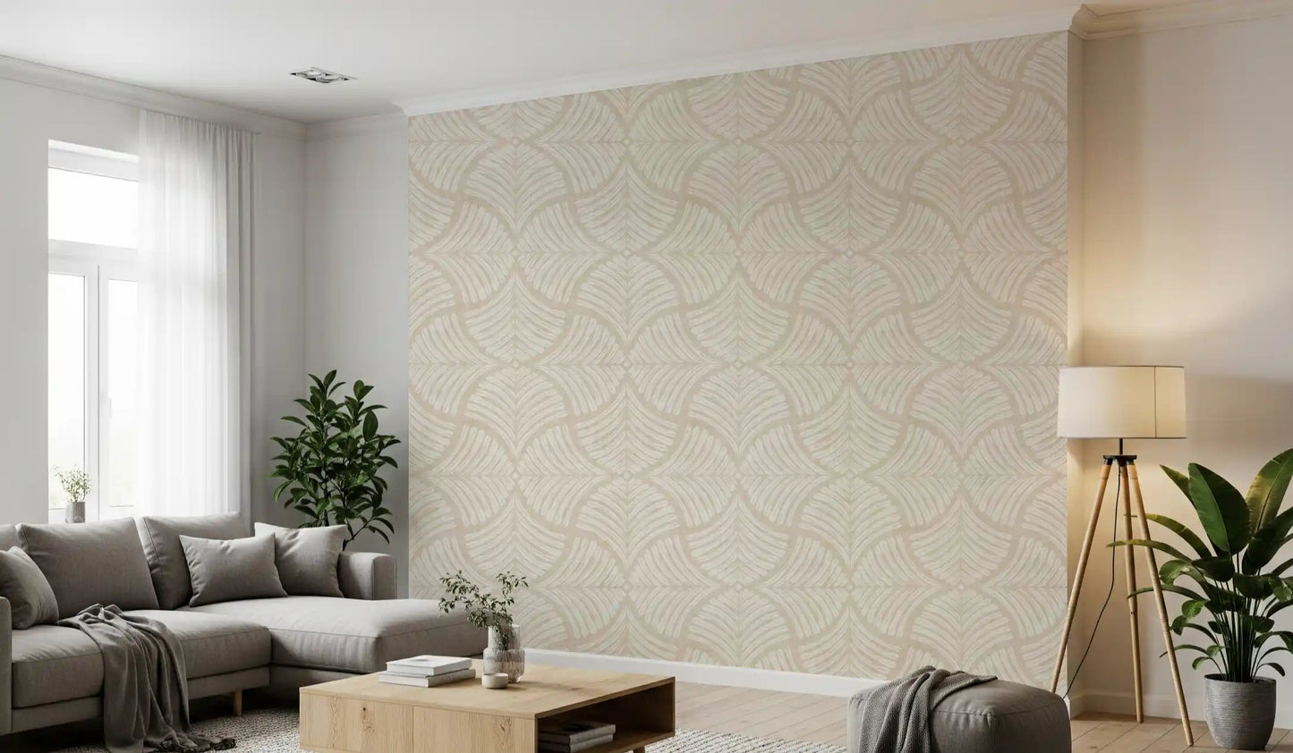 Cream-on-linen scallops give this minimalist wallpaper a quiet rhythm.