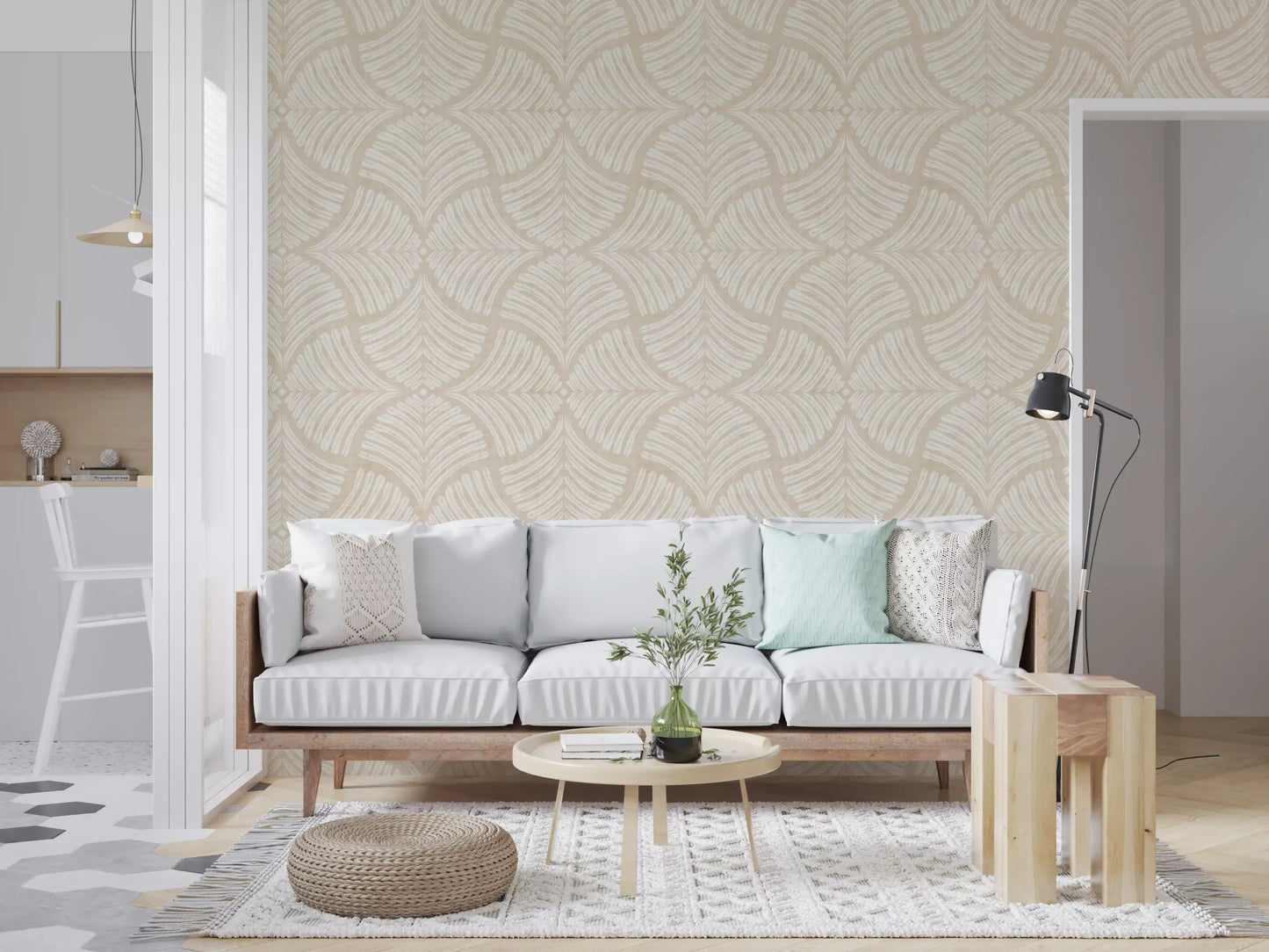 Tonal fan scallops wallpaper keeps the living room quiet and pared back.