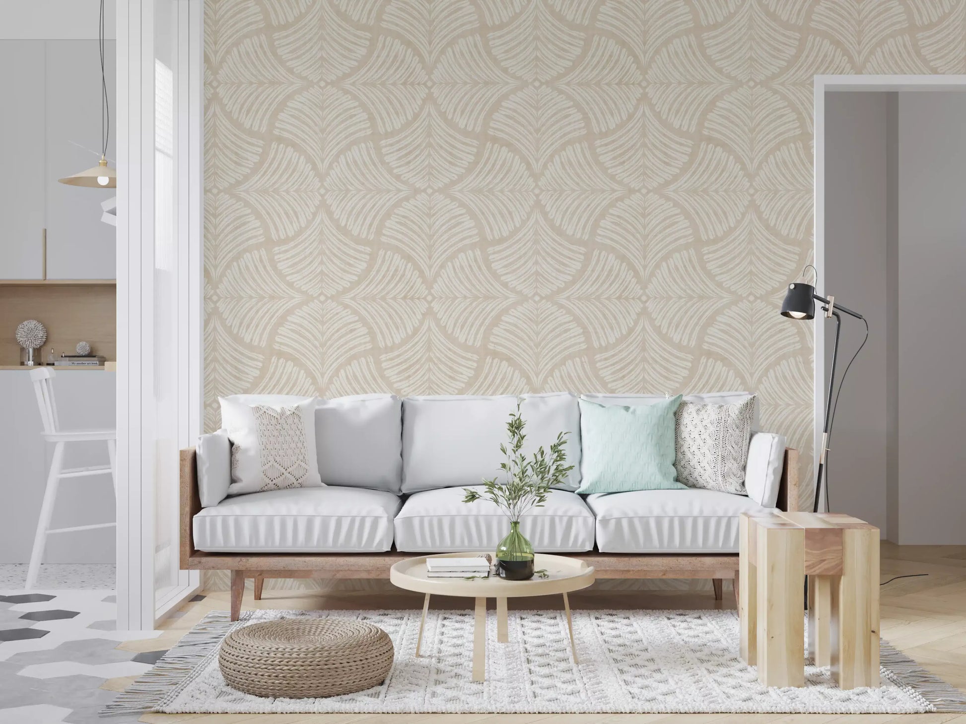 Tonal fan scallops wallpaper keeps the living room quiet and pared back.