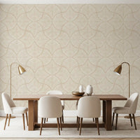 Warm cream scallop fan wallpaper wraps a calm Japandi dining room.