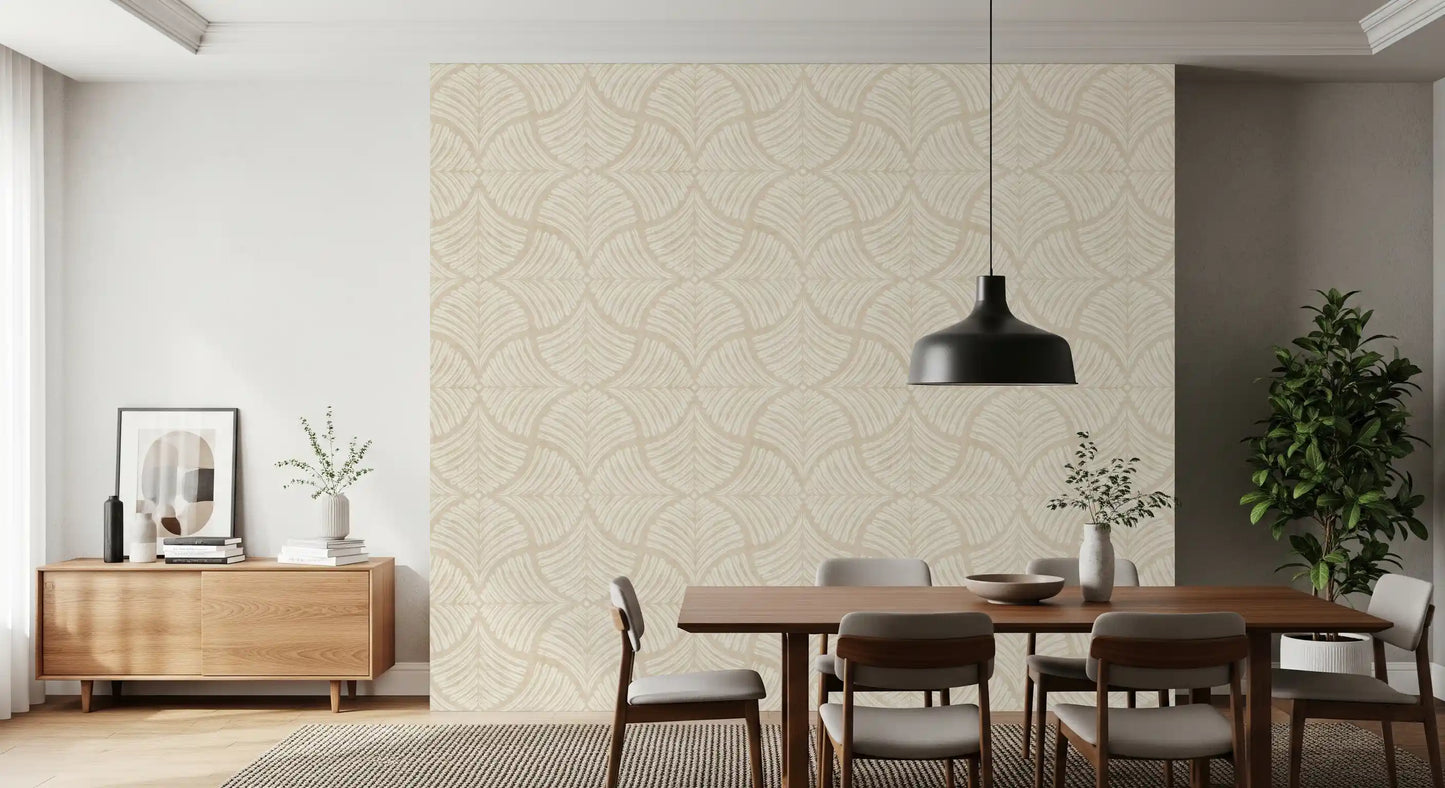 Large tonal scallop fans repeat across cream textured Japandi wallpaper.