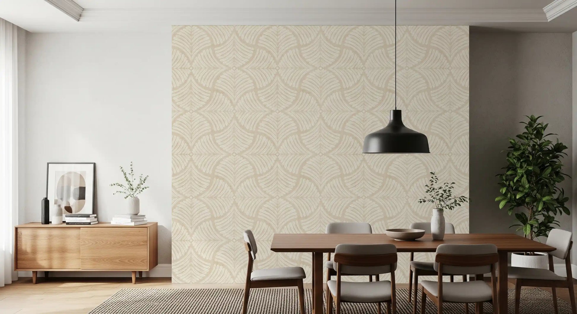 Large tonal scallop fans repeat across cream textured Japandi wallpaper.