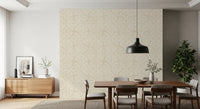 Large tonal scallop fans repeat across cream textured Japandi wallpaper.