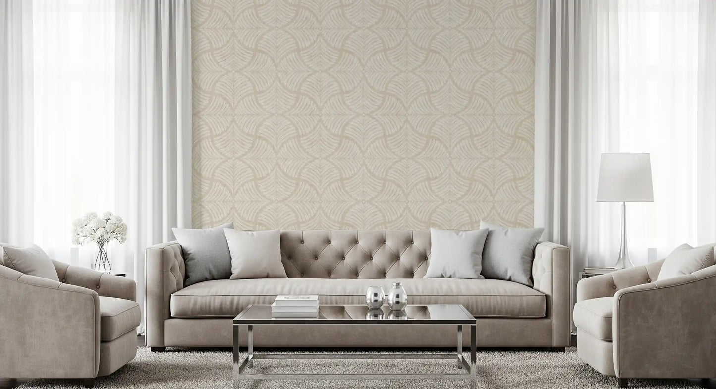 A quiet living room finished in scallop fan Japandi cream wallpaper.