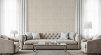A quiet living room finished in scallop fan Japandi cream wallpaper.