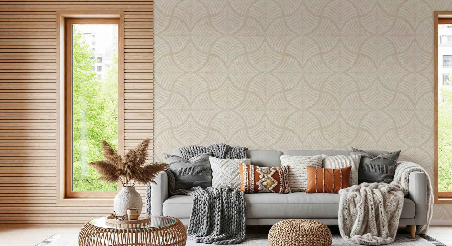 Cream textured fan motif wallpaper grounds a minimalist lounge scheme.