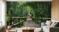 Filtered light and bamboo greens refresh this Living room in a forest wall mural.