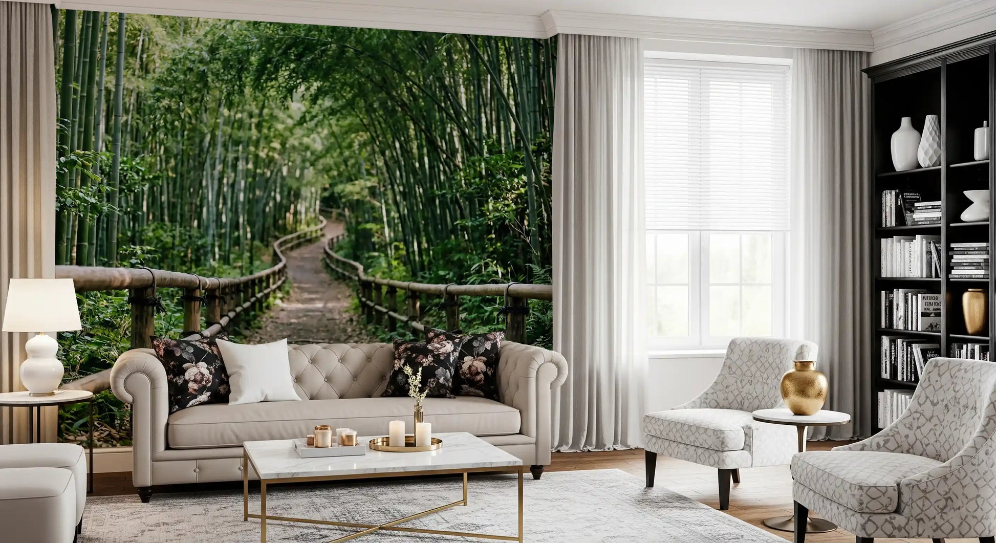 Bamboo forest path wall mural shows a winding trail between tall green stalks.

