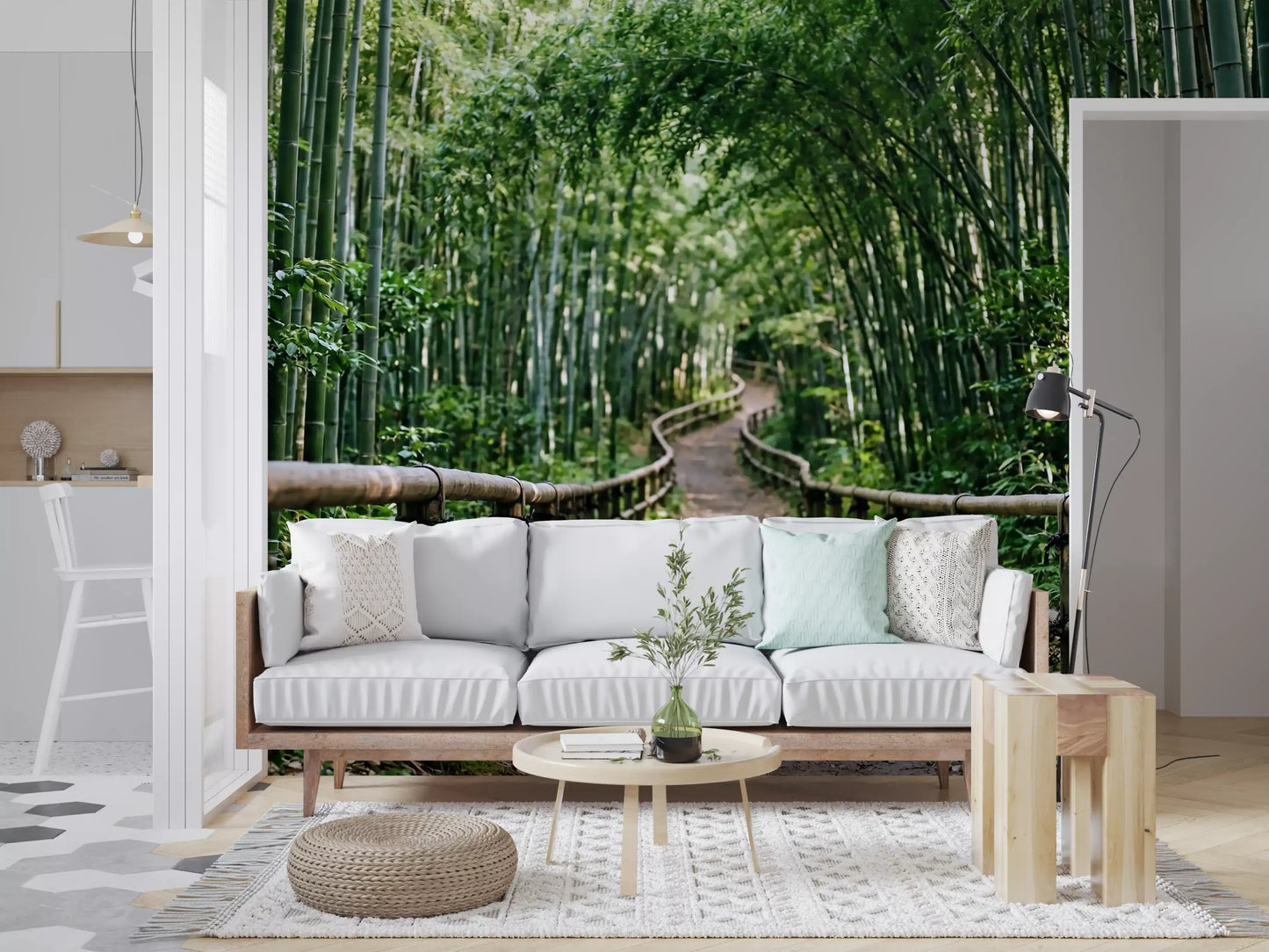 Green bamboo and a forest path give this lounge a restful wall mural backdrop.