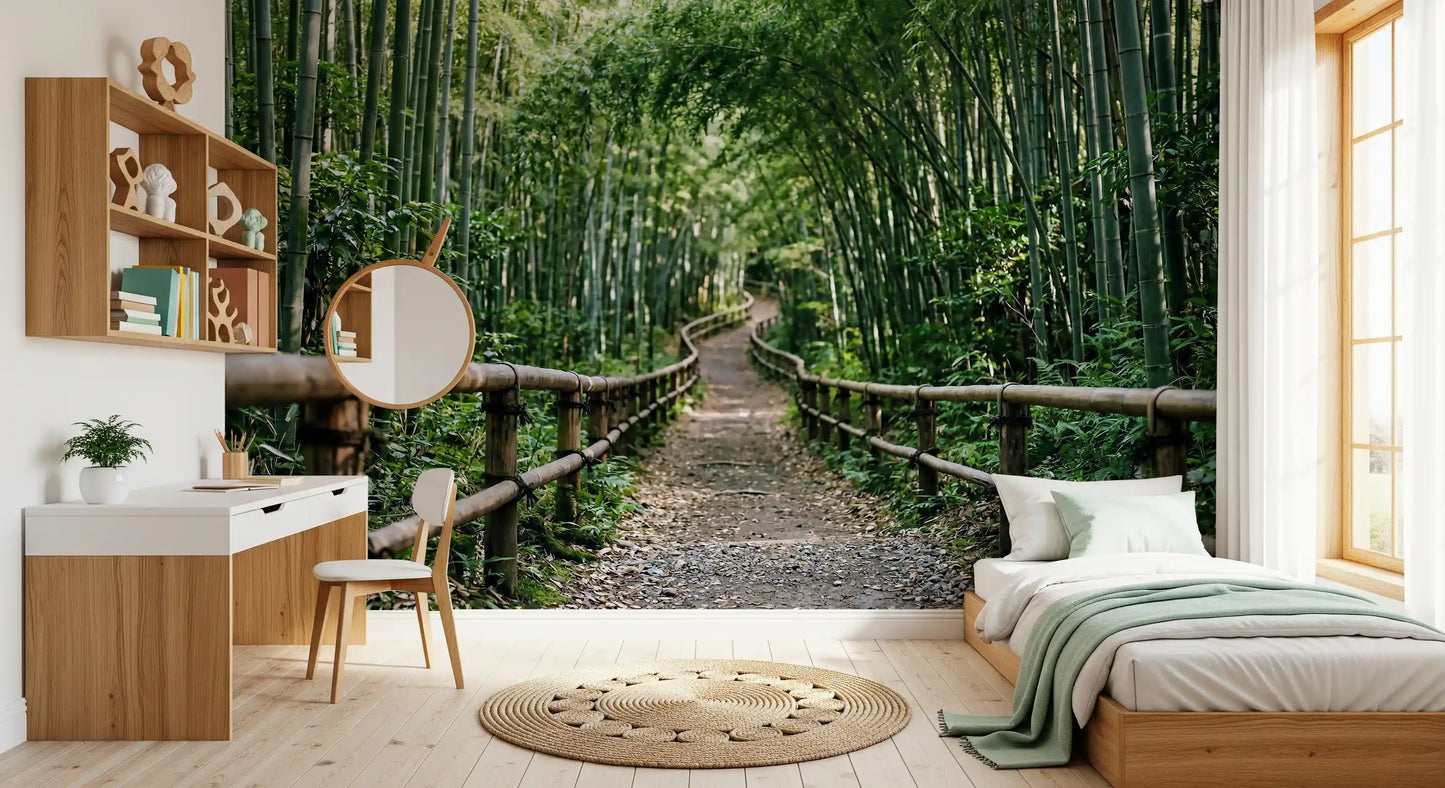 Tall stalks arch overhead and frame the path in this bamboo wall mural.
