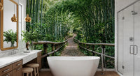 Filtered daylight lifts the greens through this bamboo forest wall mural.