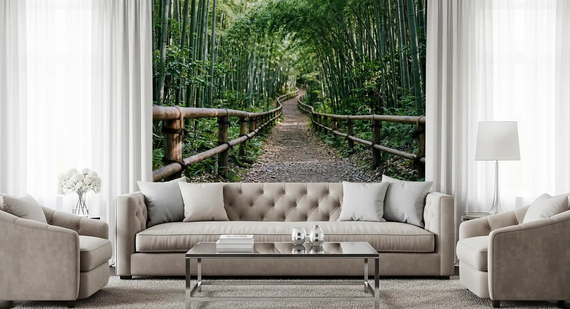 Winding bamboo trail scenery sets a fresh tone in this dining room wall mural.