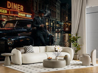 Moody lounge area highlighted by this striking City wall mural.