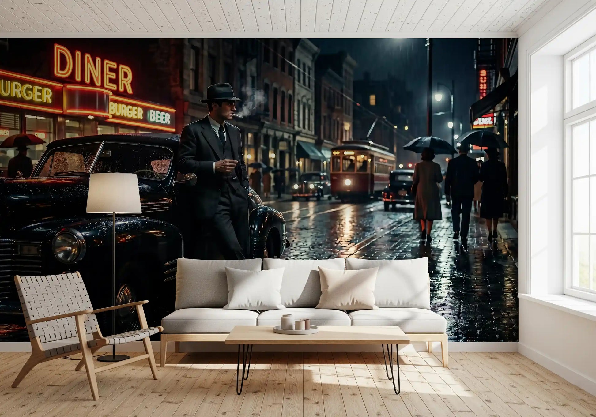 A suited figure stands prominently within the Rainy City Noir Wall Mural.