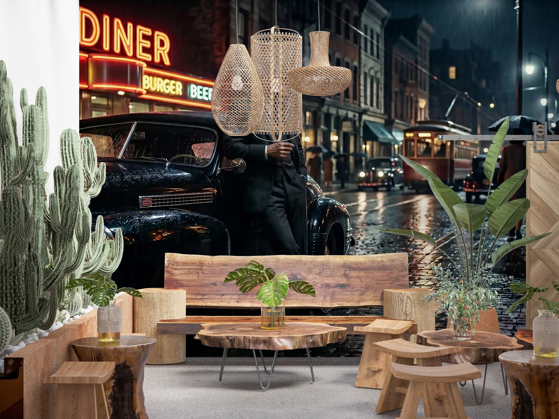 Glowing neon signs illuminate this retro City wall mural.