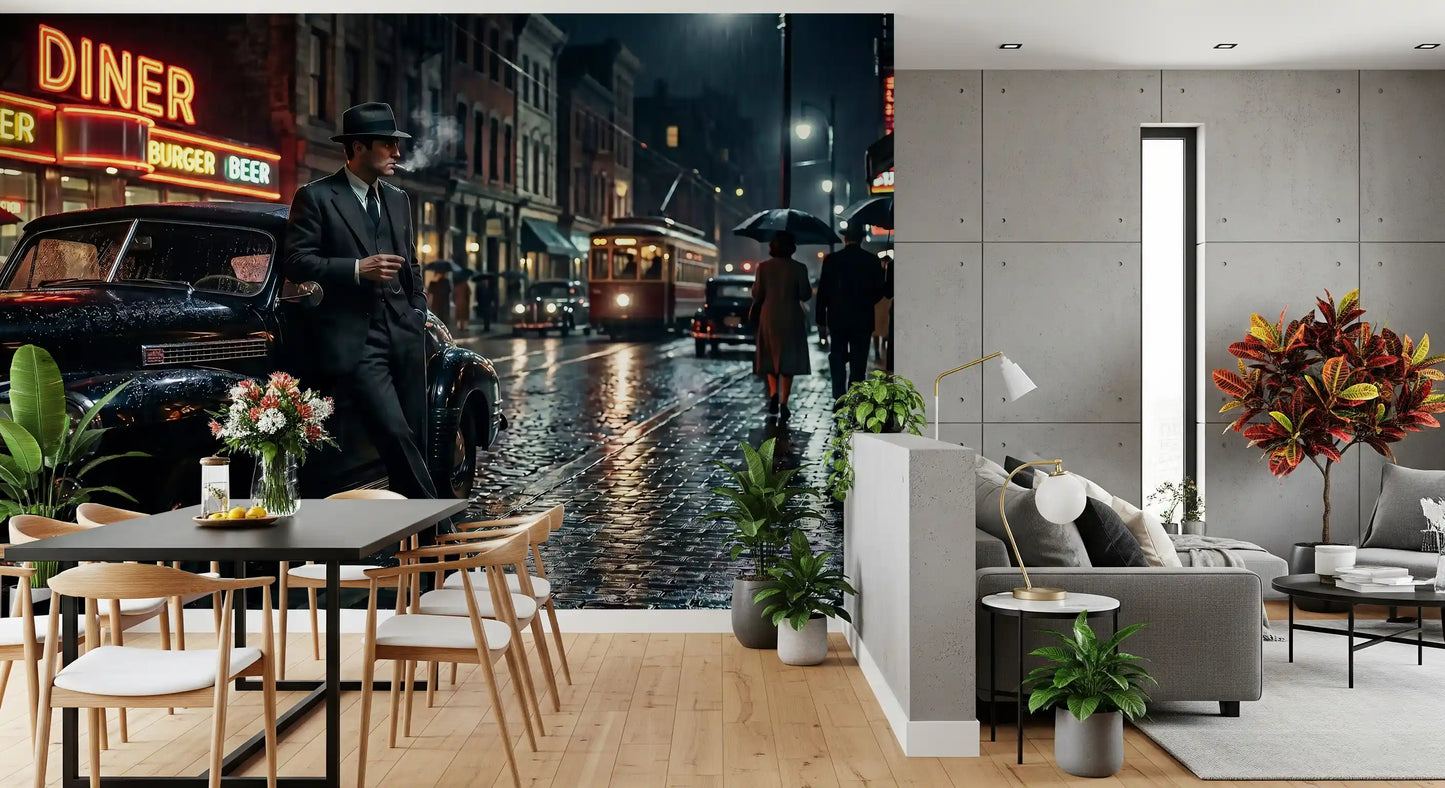 Modern dining room displaying the Rainy City Noir Wall Mural.