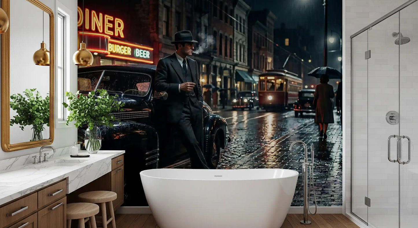 A vintage black car anchors the scene of this Noir wall mural.