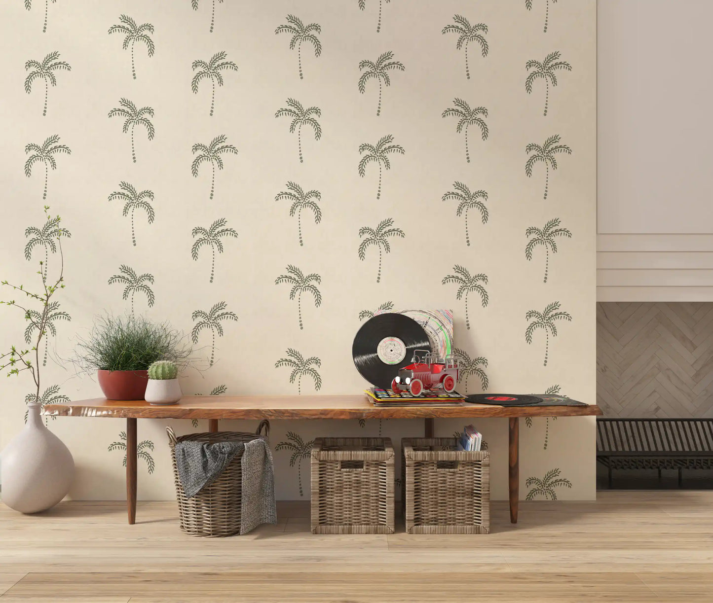 Hallway area enhanced by a botanical Tropical wallpaper pattern.