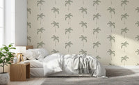 Minimalist Palms wallpaper placed inside a calm bedroom setting.