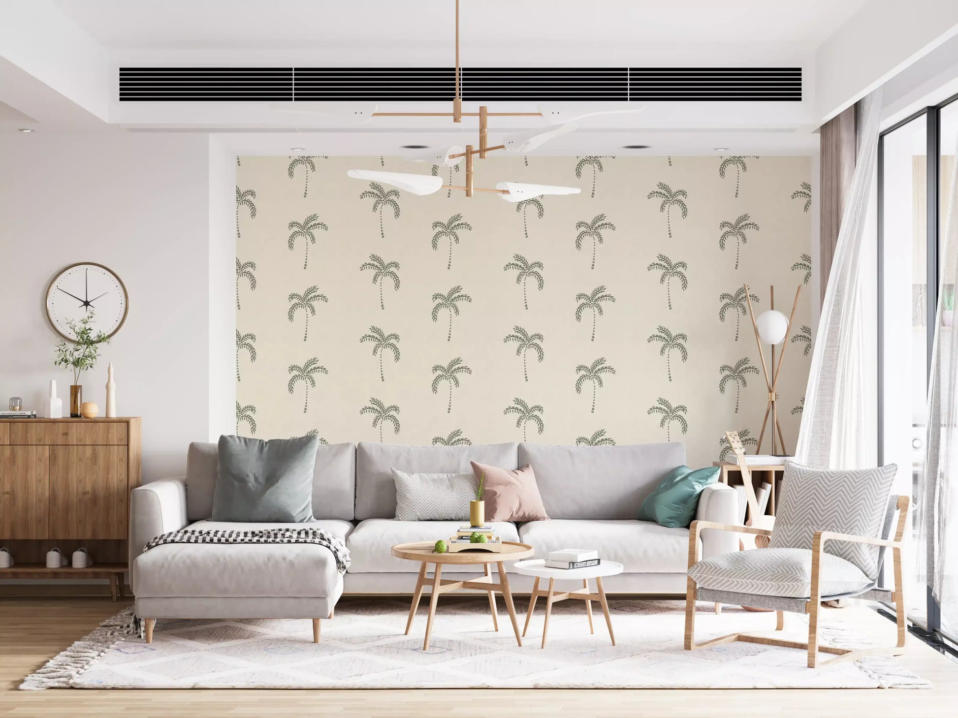 Living room environment paired with this green Tropical wallpaper.
