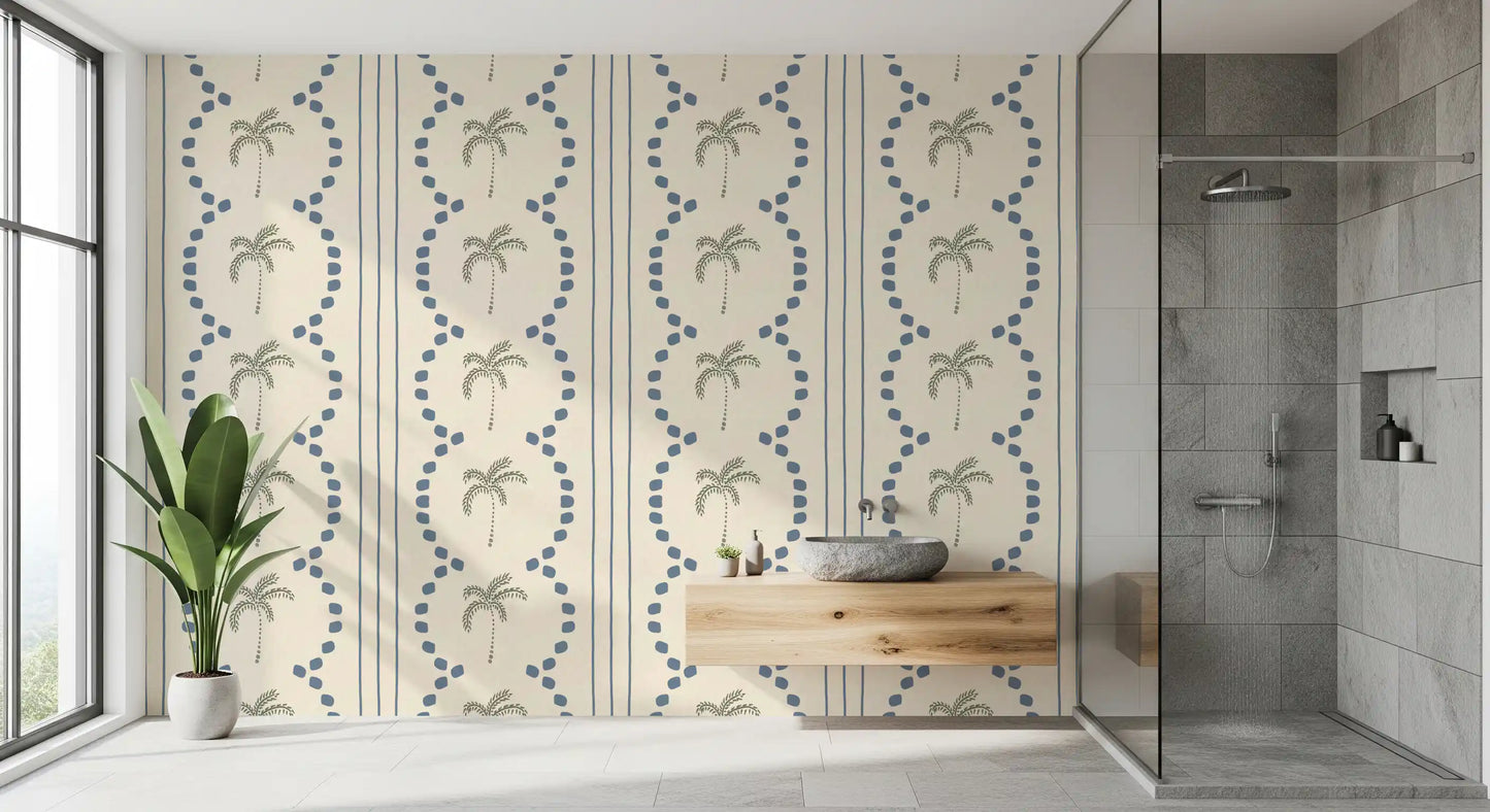 Modern bathroom aesthetic perfectly complemented by a beautiful Palm wallpaper.