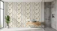 Modern bathroom aesthetic perfectly complemented by a beautiful Palm wallpaper.
