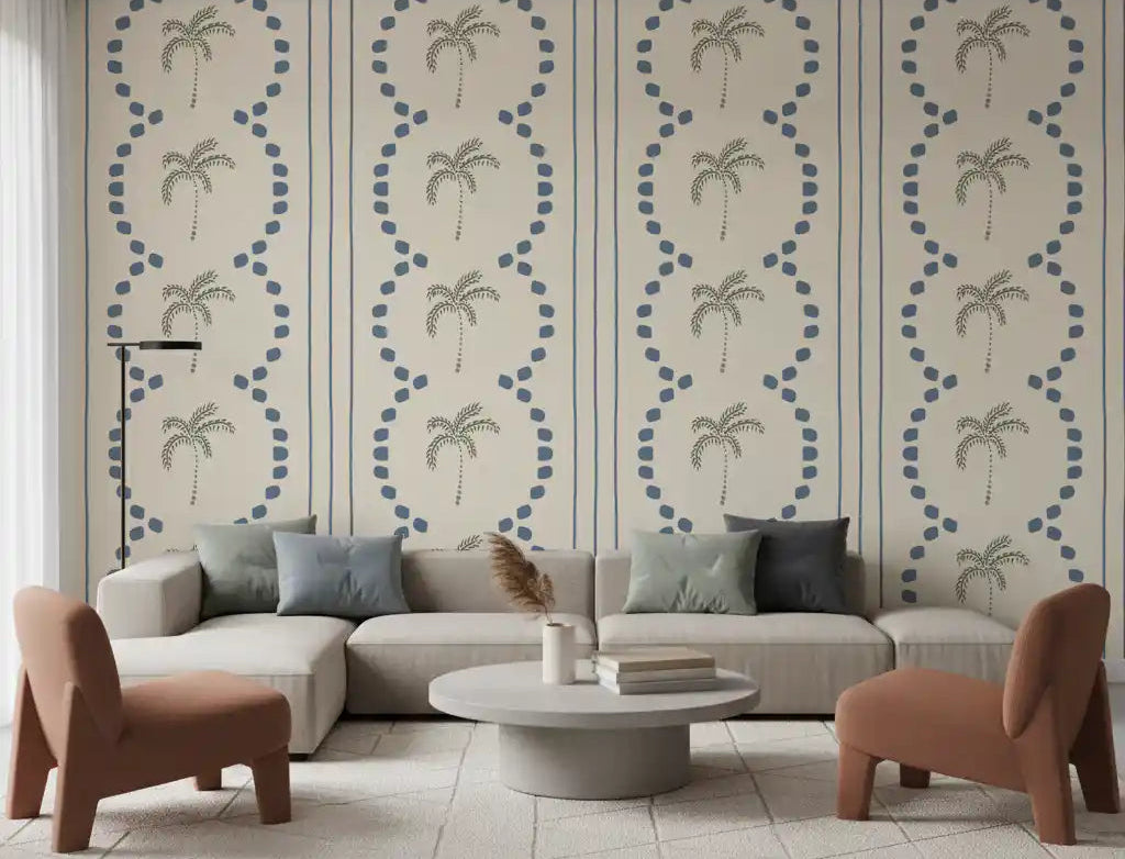 Large living room enhanced by the Tropical Palm Deco Stripes Slate Blue Wallpaper.