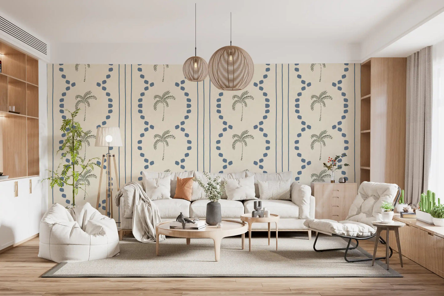 Coastal elements embedded within the Tropical Palm Deco Stripes Slate Blue Wallpaper.