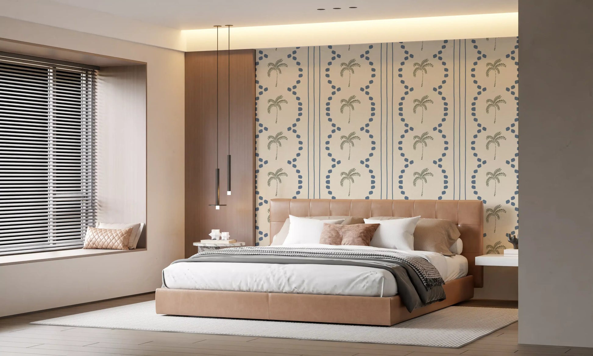 Inviting guest room background completed beautifully with a geometric Stripes wallpaper.
