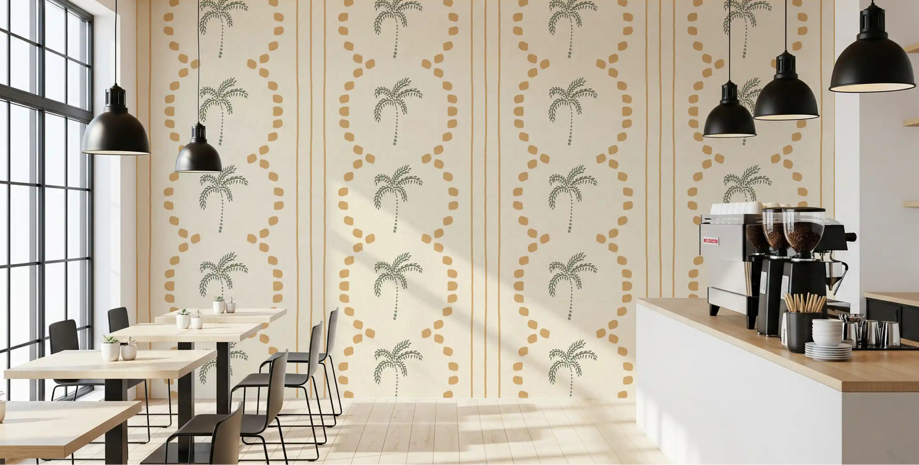 Tropical Palm Deco Stripes Sand Wallpaper applied in a bright commercial cafe setting.