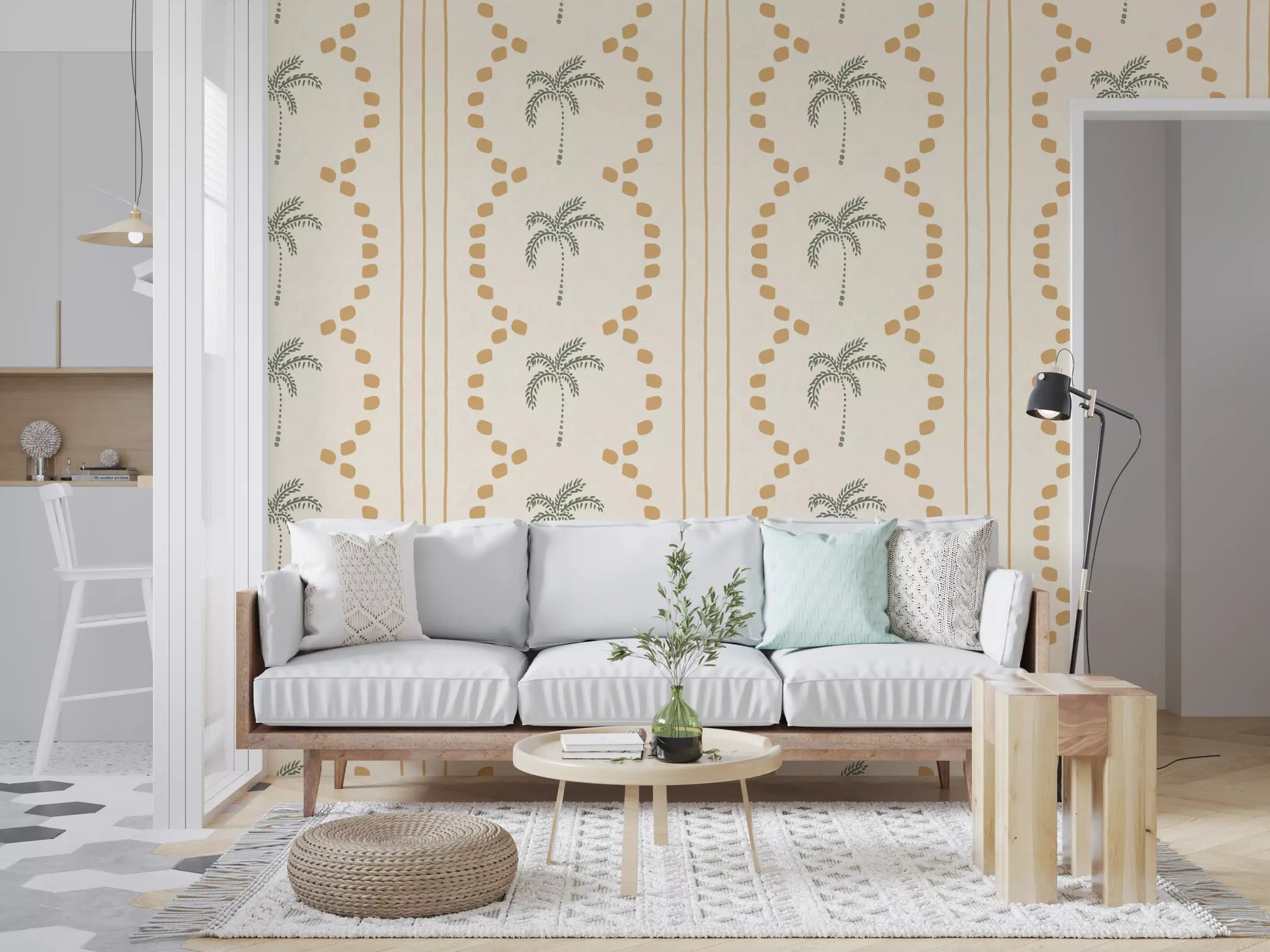 Modern living room layout enhanced by the striped sand and green tropical wallpaper.