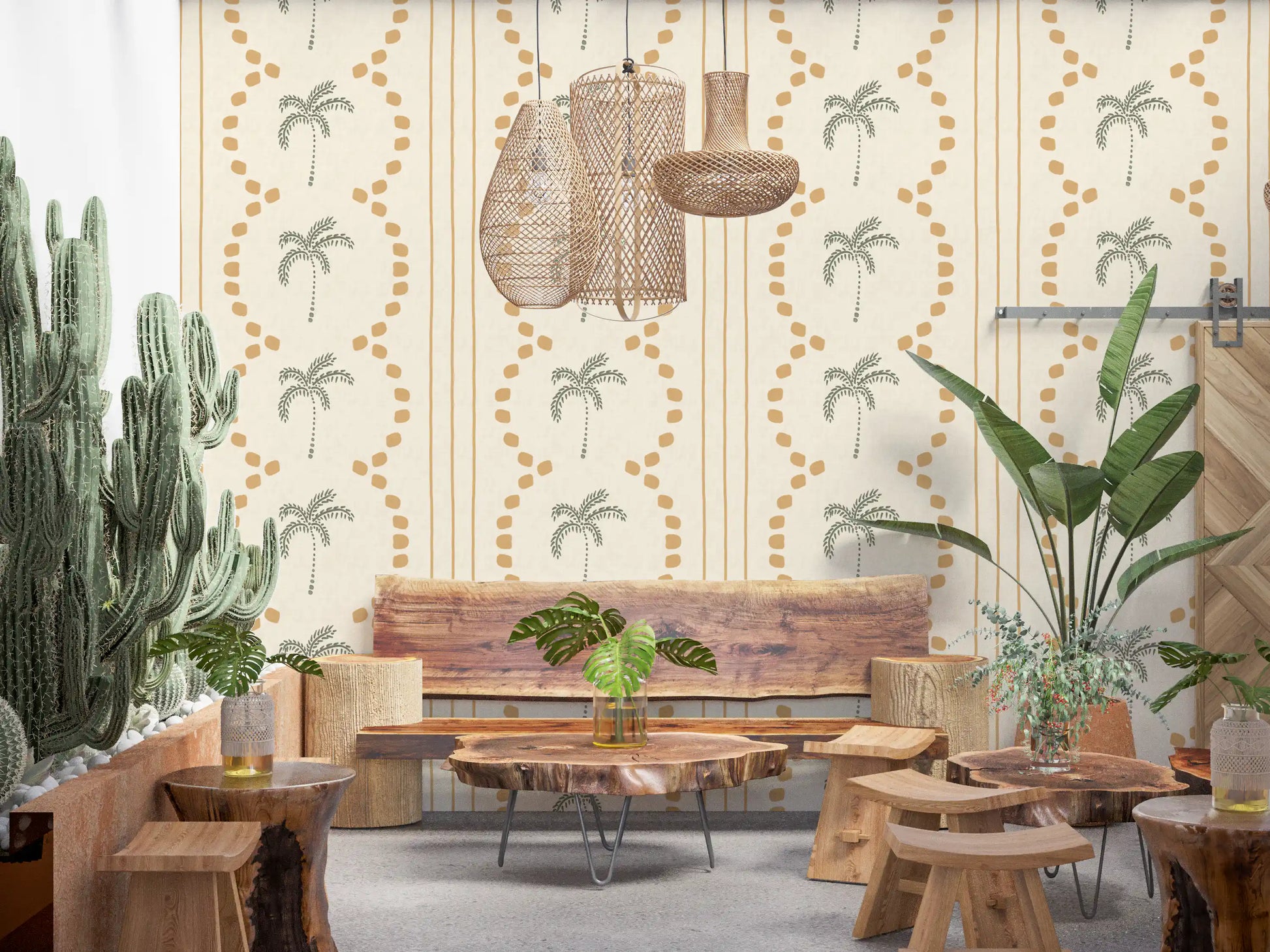 Tropical Palm Deco Stripes Sand Wallpaper emphasizing green botanical motifs.