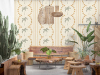 Tropical Palm Deco Stripes Sand Wallpaper emphasizing green botanical motifs.