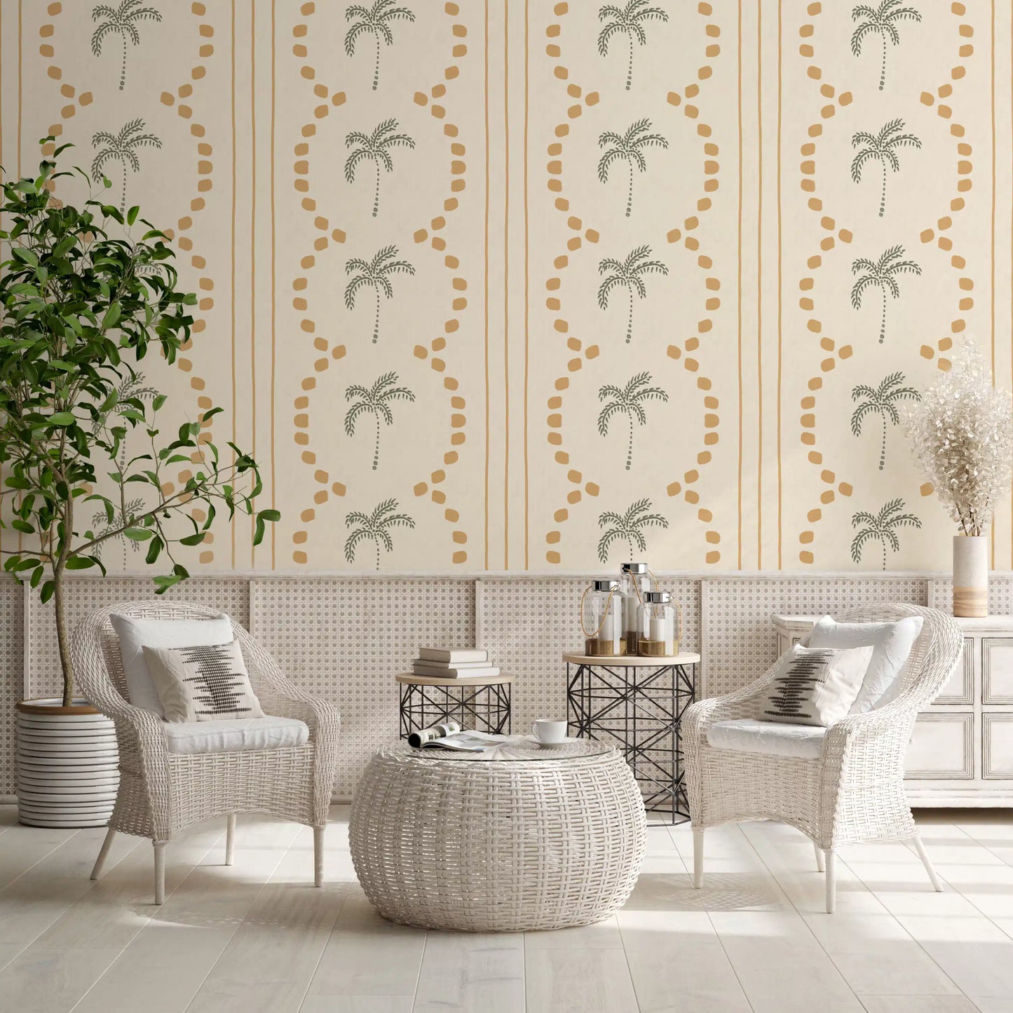 The relaxing tropical striped wallpaper style installed across a large lounge area.