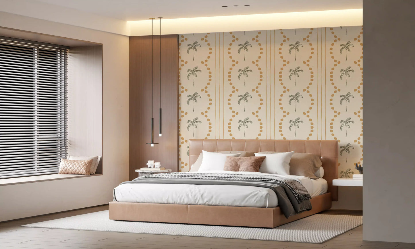 Palm tree outlines are visible throughout the geometric Deco Stripes wallpaper layout.